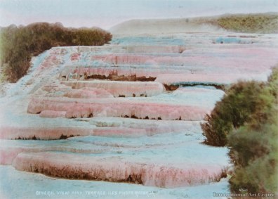 The Pink Terrace (Otukapuarangi = "fountain of the clouded sky") was where people went to bathe due to the more moderate water temperatures.  Hues ranged from pale pink at the bottom to smoked salmon at the top.
